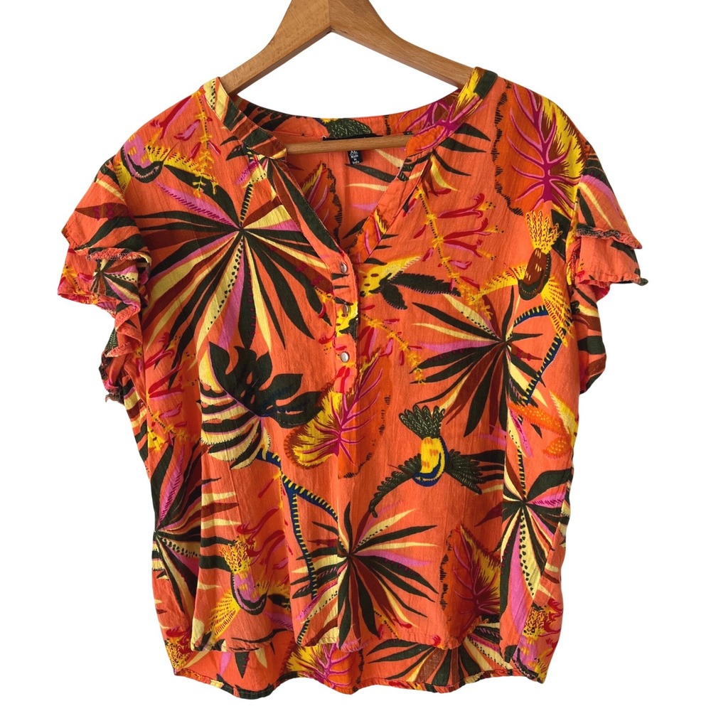 Cassee's Tropical Hummingbird Print Flutter‎ Sleeve Top Sz XL Cotton Linen Blend